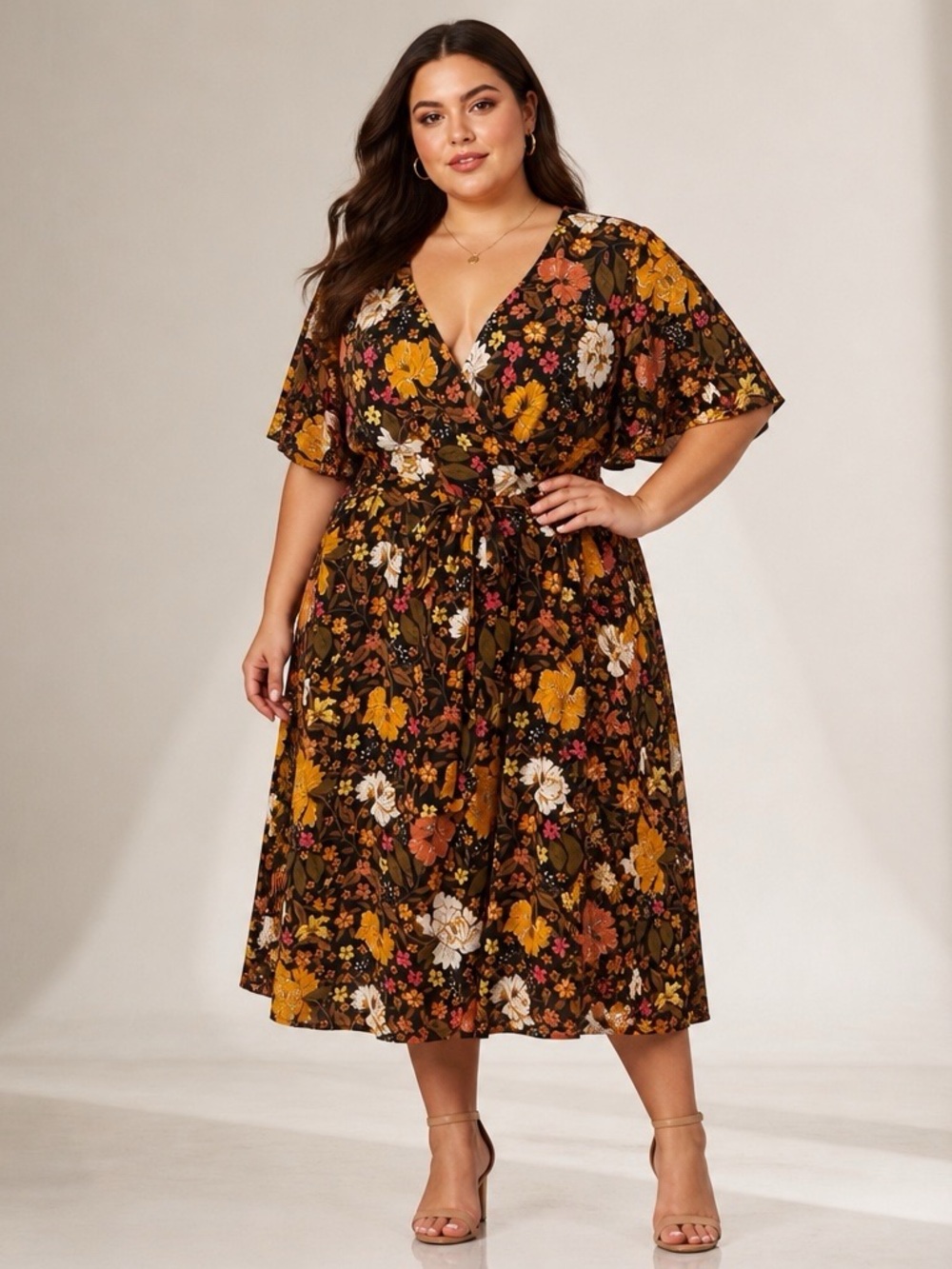 JM Collection Black Floral Midi Dress with Orange and White Flowers